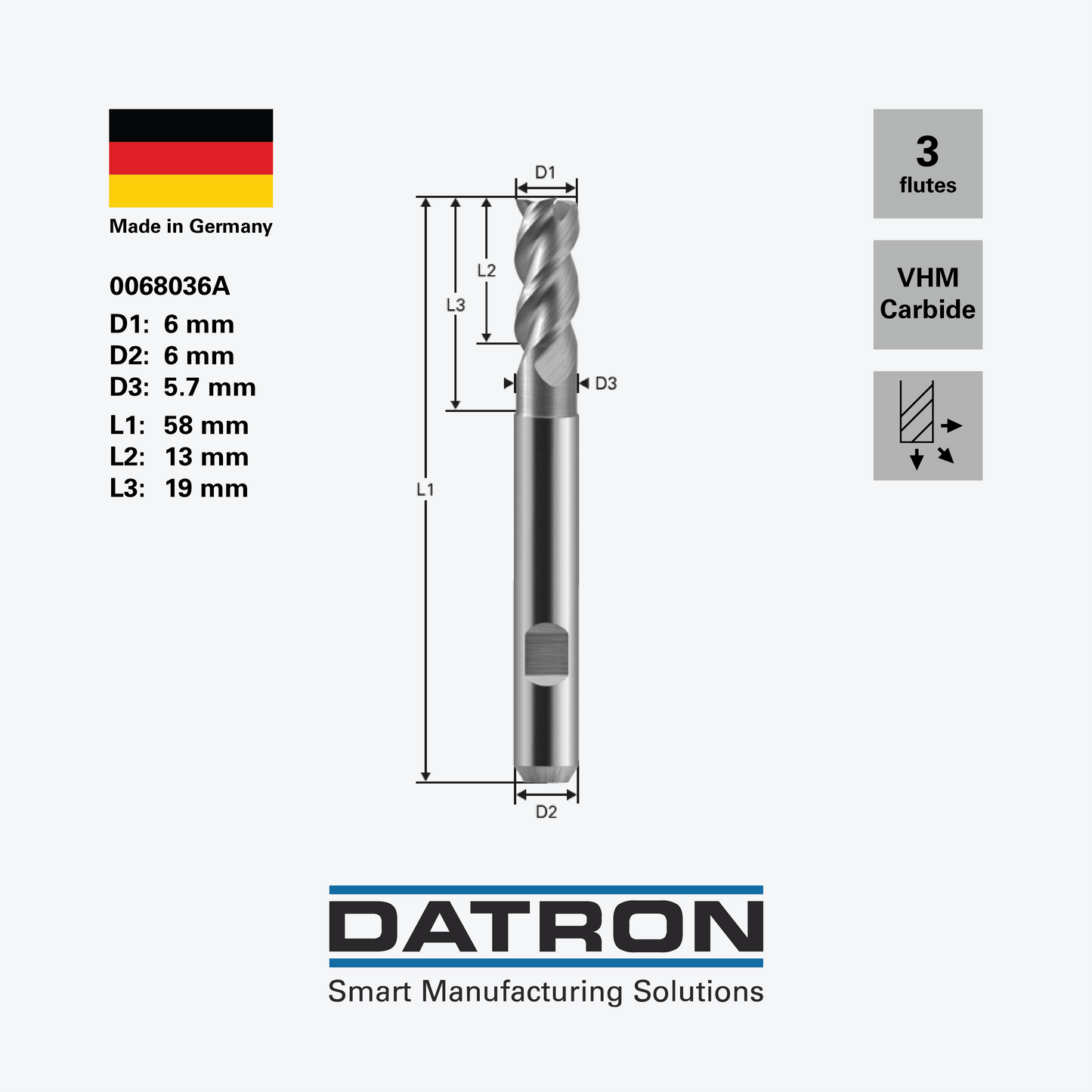 DATRON - Triple flute end mill, with DIN Form HB flat, necked - 0068036A - dimensions