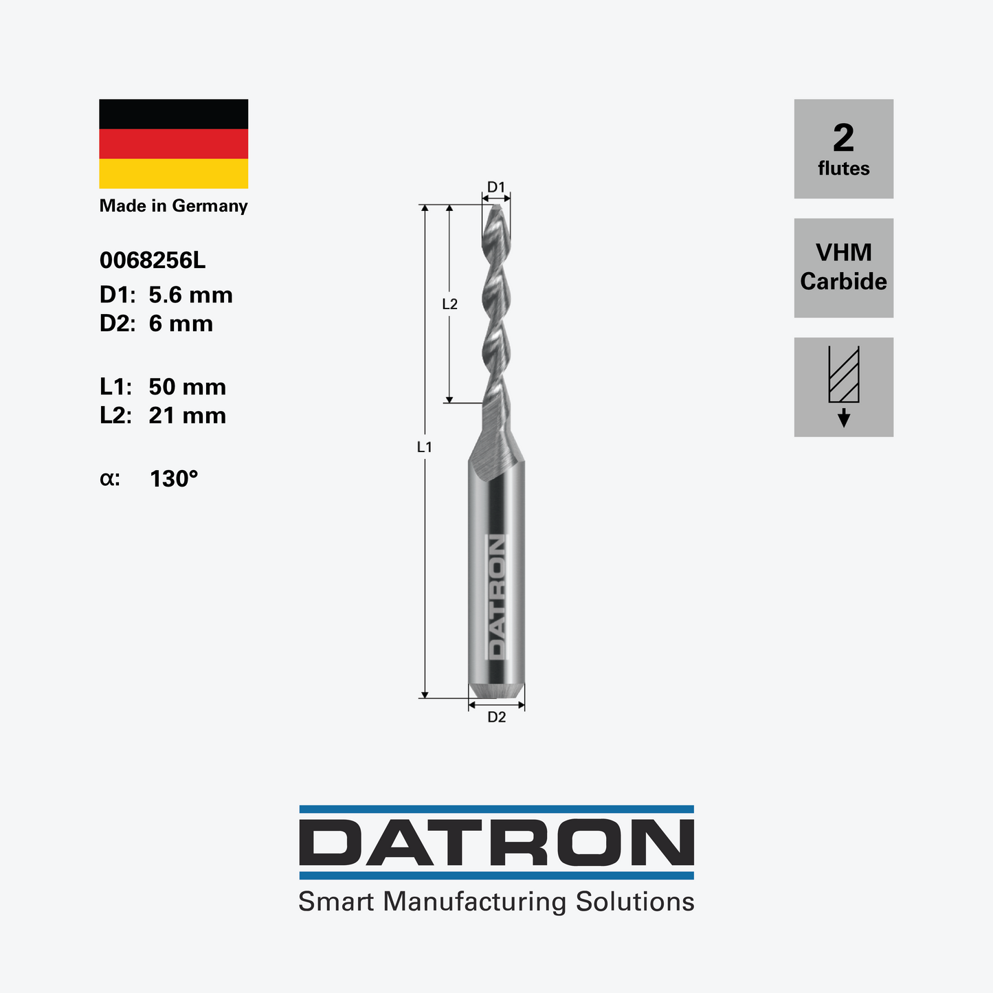 DATRON - Solid carbide drill, 6mm shank - 0068256L - dimensions
