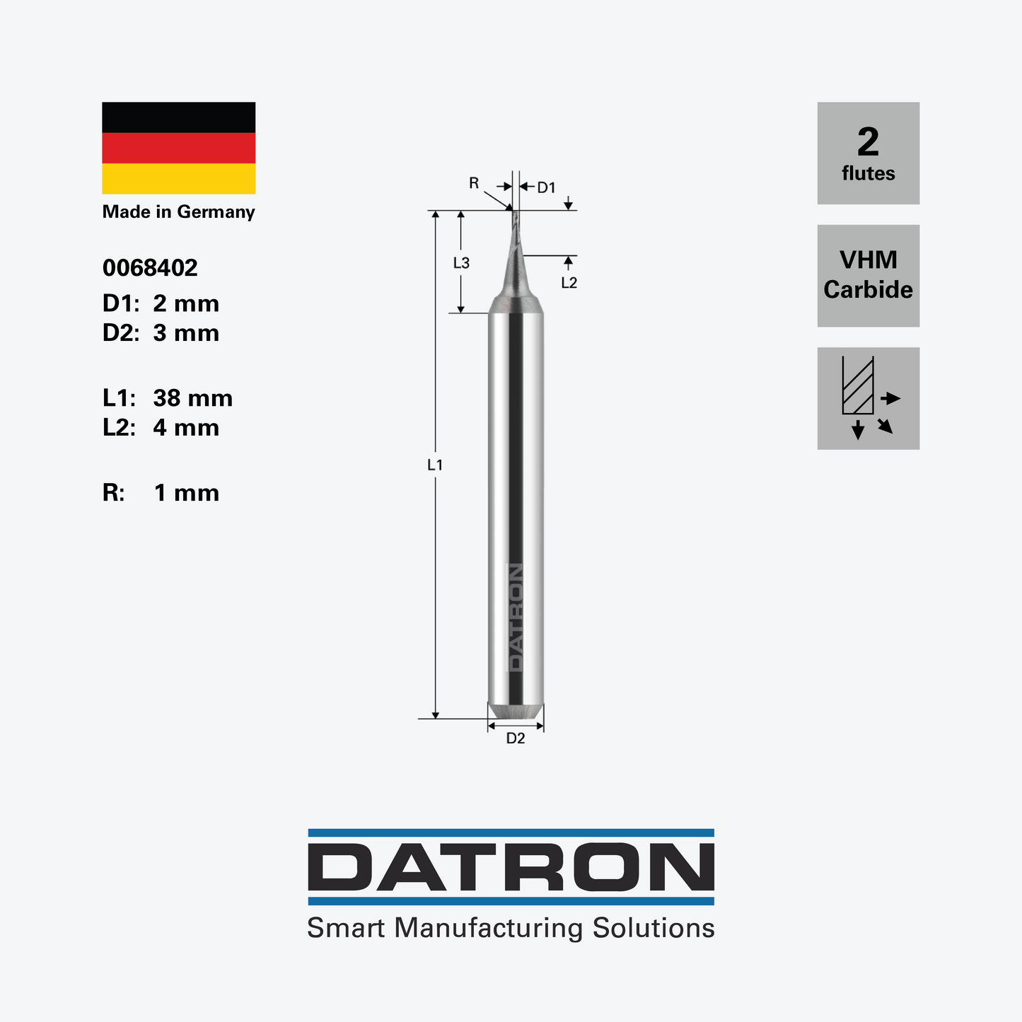 DATRON - Double flute ball nose end mill, for steels, ALCRONA coated - 0068402 - dimensions
