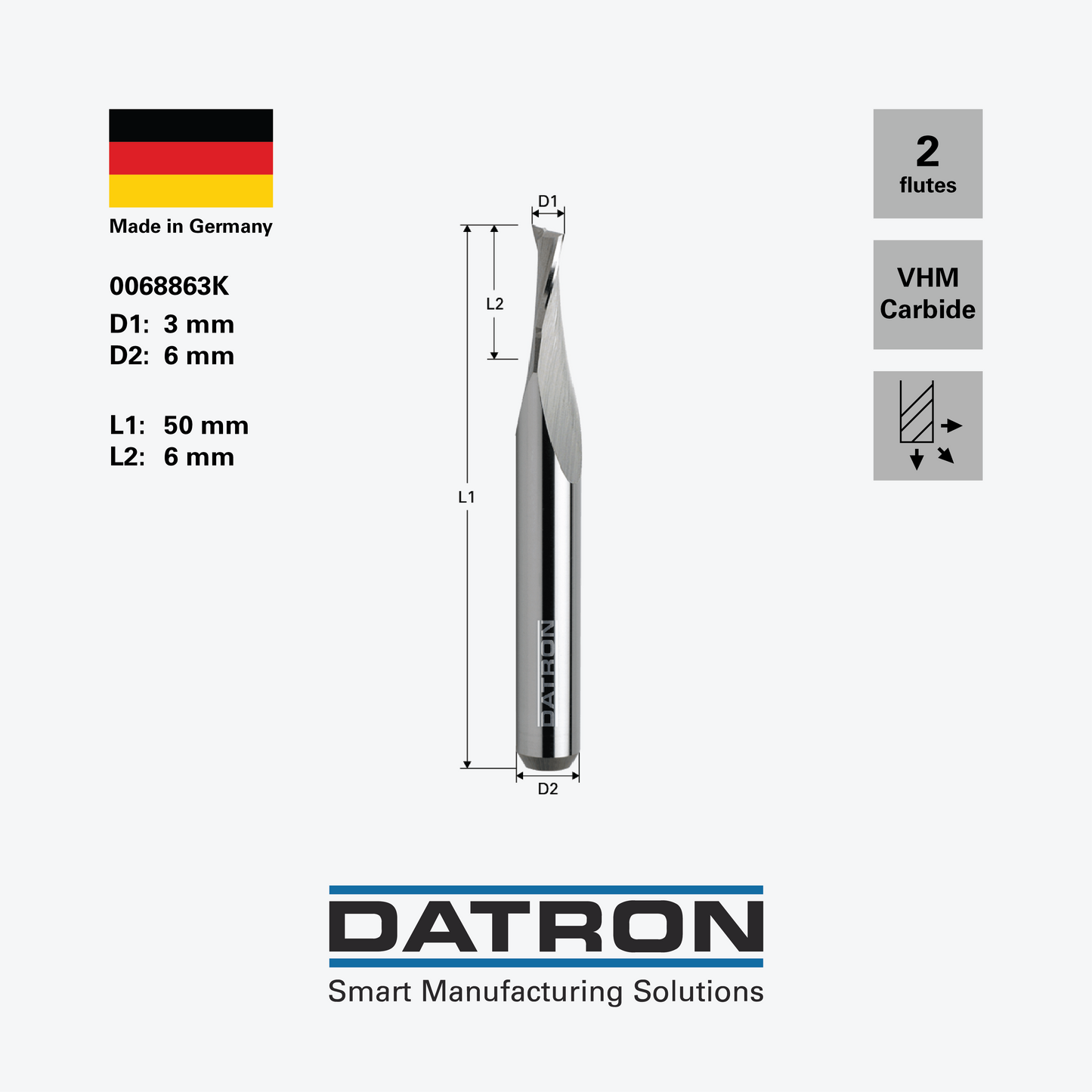 DATRON - Double flute end mill, HSC+ - 0068863K - dimensions