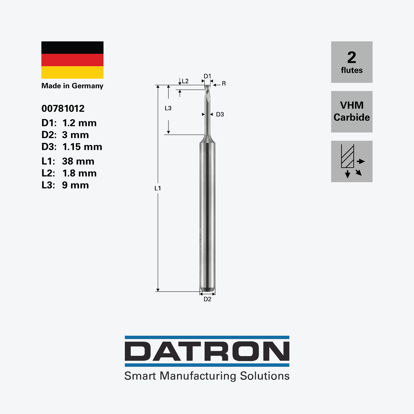 DATRON - Double flute end mill, standard, necked - 00781012 - dimensions