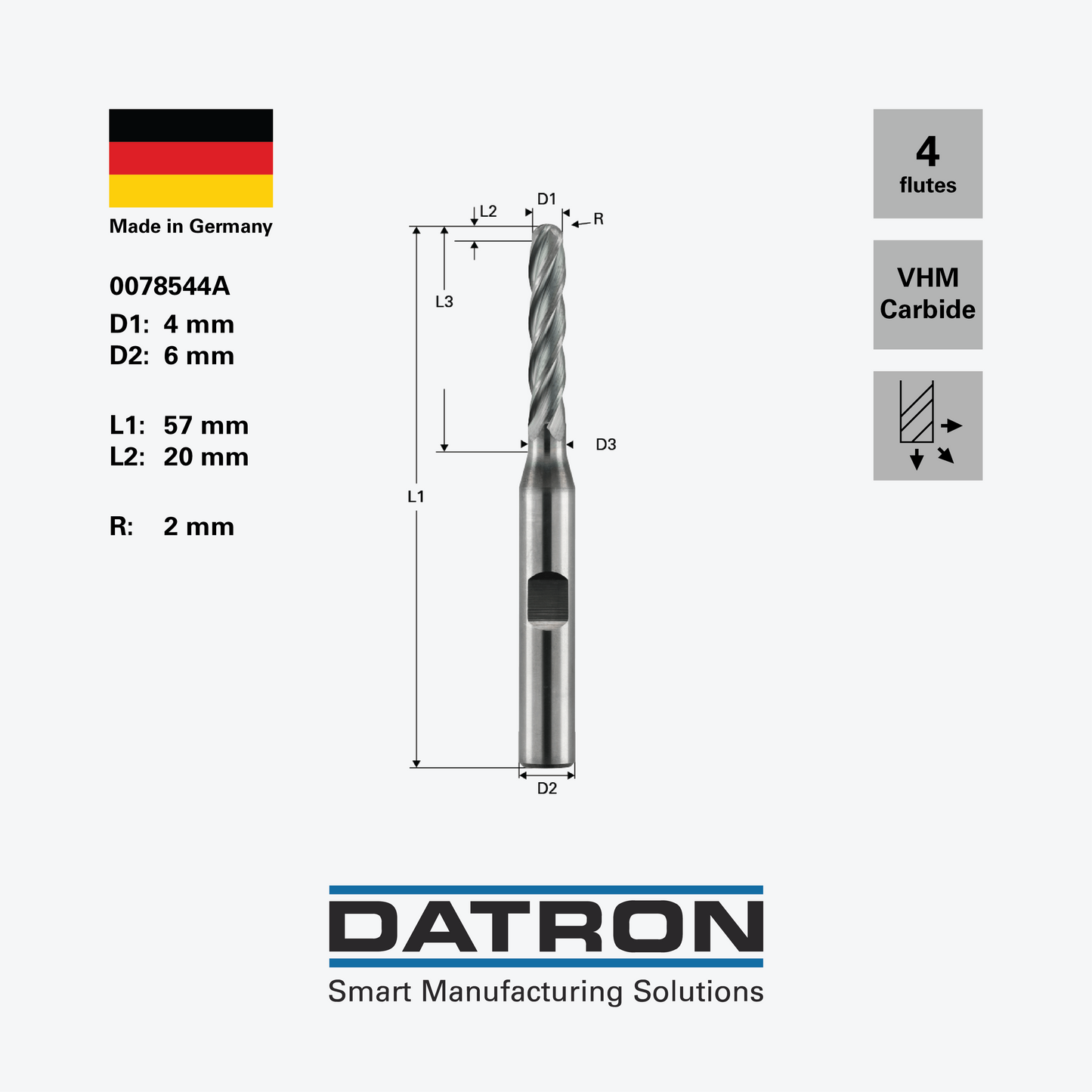 DATRON - Four flute ball nose end mill, for steels, with DIN Form HB flat, ALCRONA coated - 0078544A - dimensions