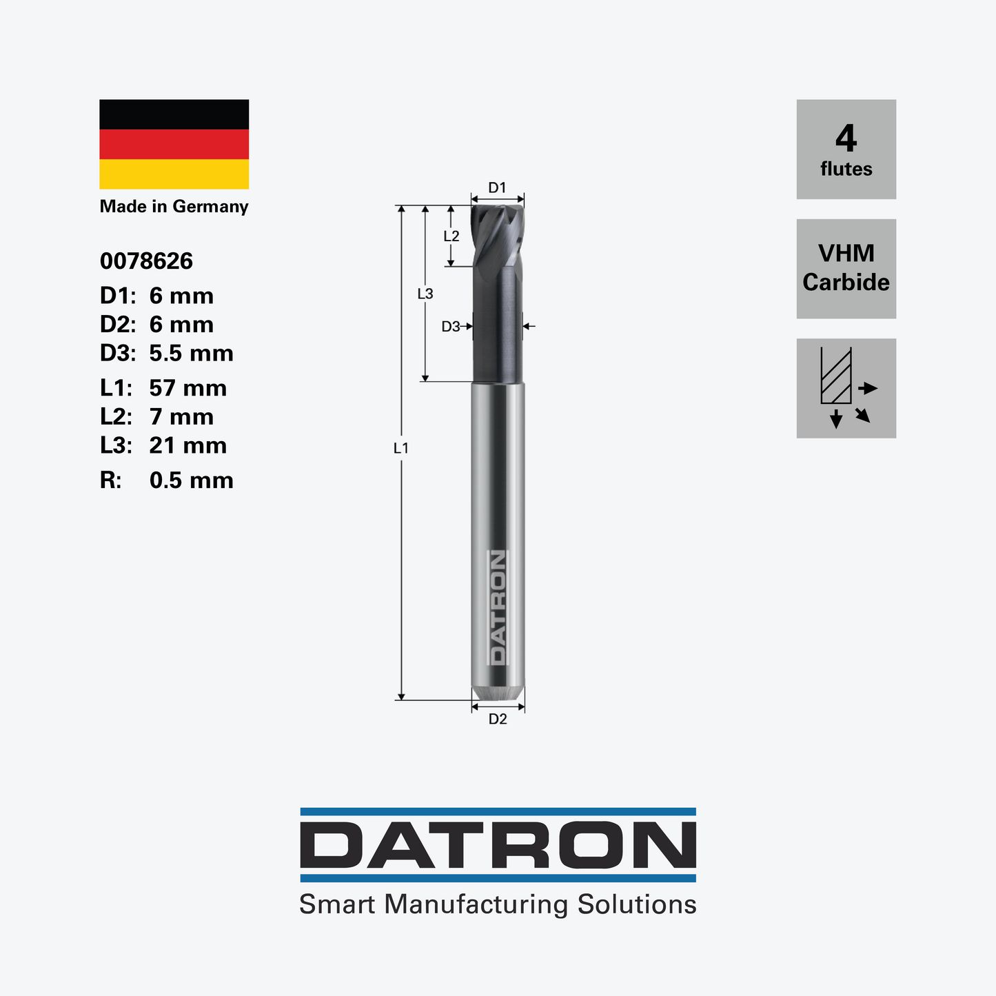 DATRON - High- feed four flute end mill, for steels, edge radius, X.CEED coated - 0078626 - dimensions