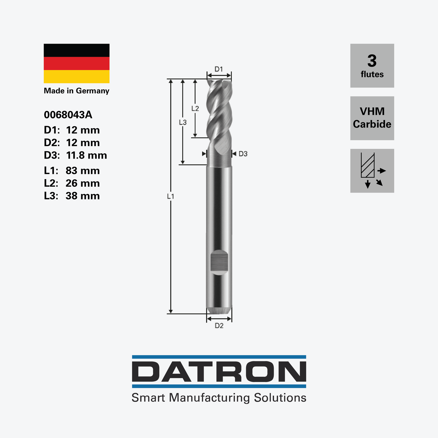DATRON - Triple flute end mill, with DIN Form HB flat, necked - 0068043A - dimensions