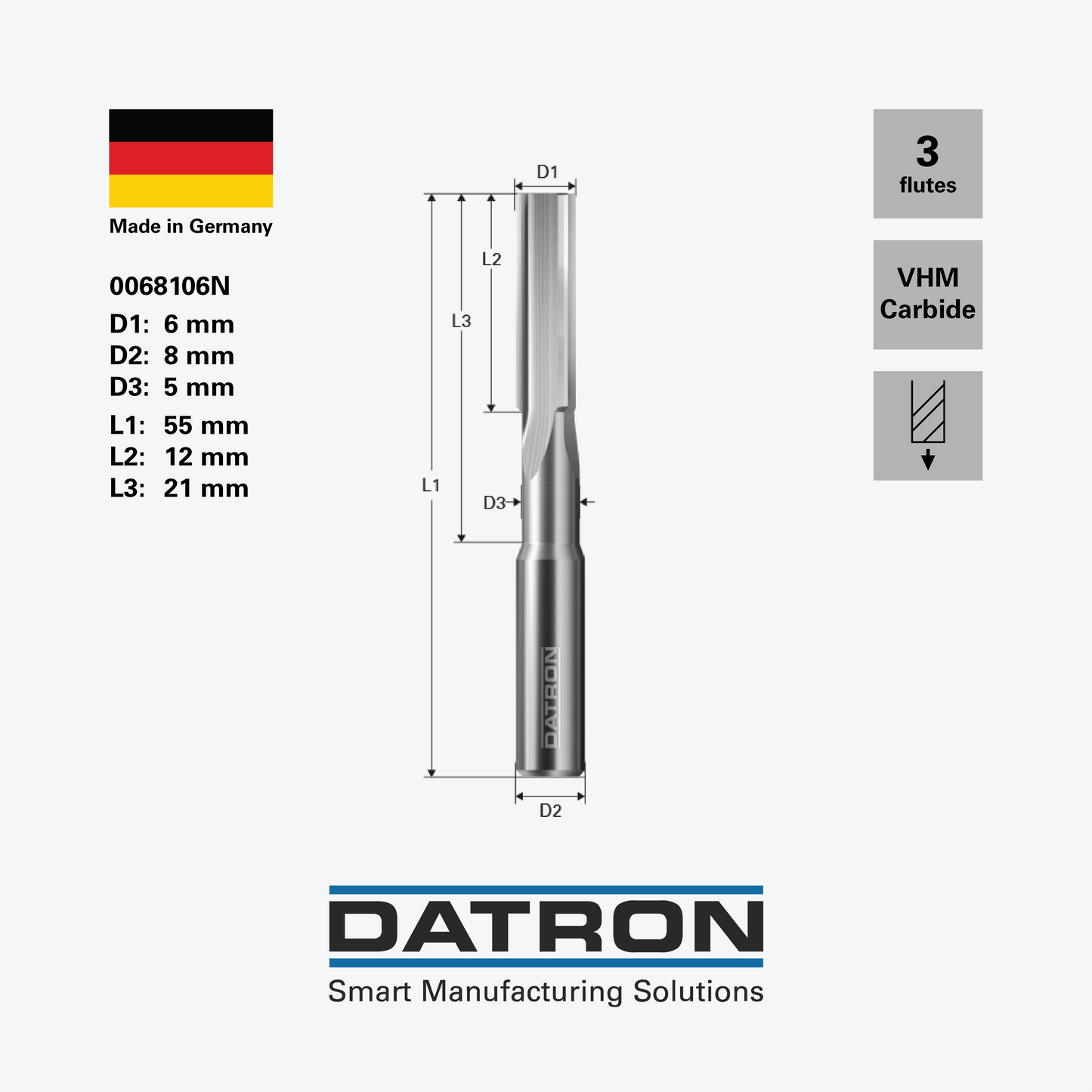 DATRON - Solid carbide reamer, H7 tolerance D1 - 0068106N - dimensions