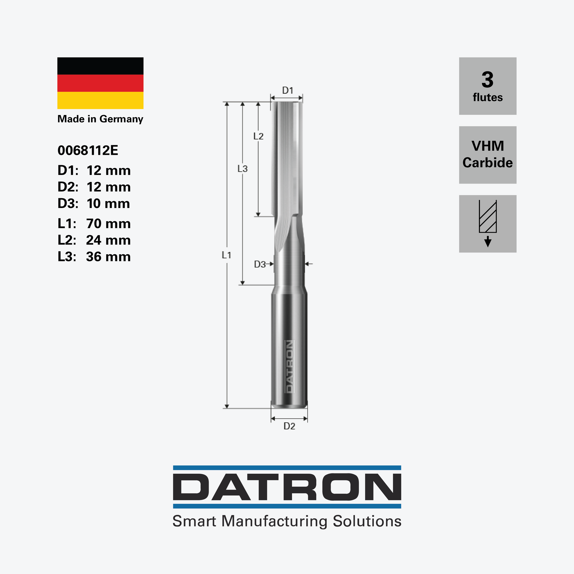 DATRON - Solid carbide reamer, H7 tolerance D1 - 0068112E - dimensions