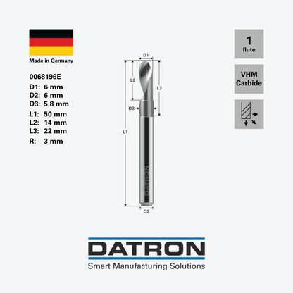 DATRON - Single flute ball nose end mill, polished for acrylic glass - 0068196E - dimensions