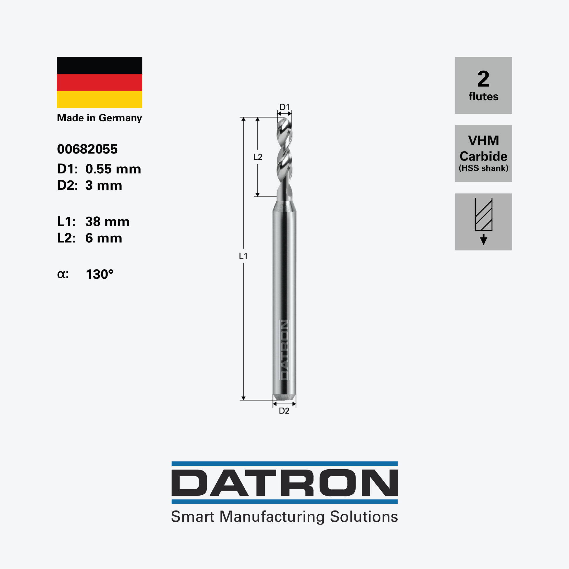 DATRON - Carbide tip drill, 3mm shank - 00682055 - dimensions
