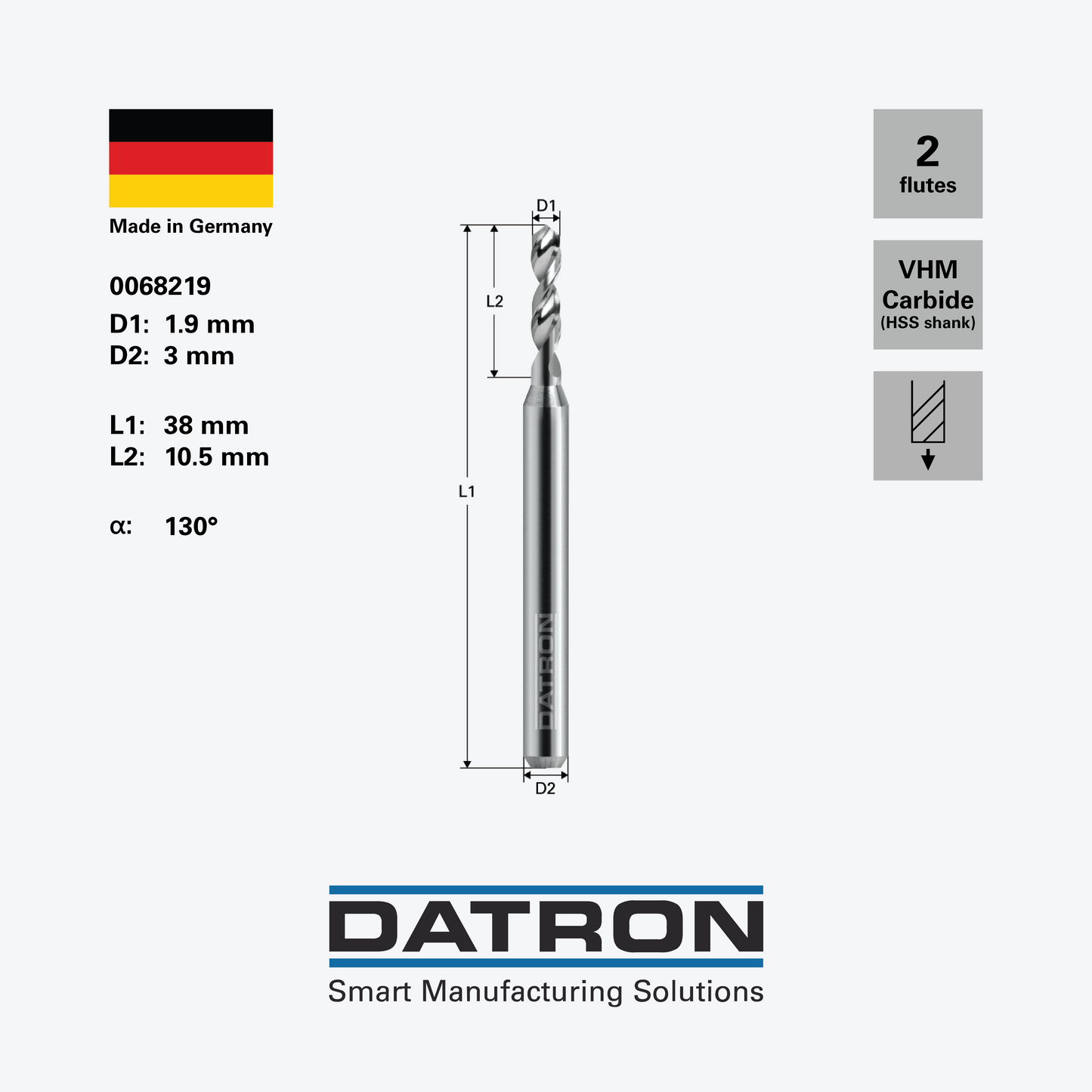 DATRON - Carbide tip drill, 3mm shank - 0068219 - dimensions