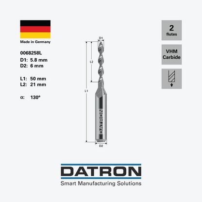 DATRON - Solid carbide drill, 6mm shank - 0068258L - dimensions