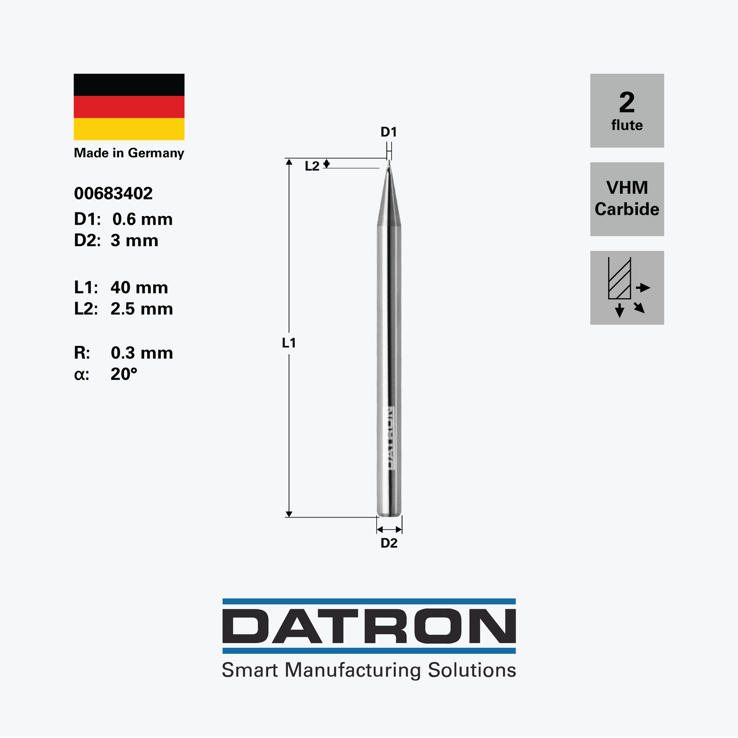 0.6mm 20° Ball Nose Engraving Tool, 3mm shank, balanced - 00683402