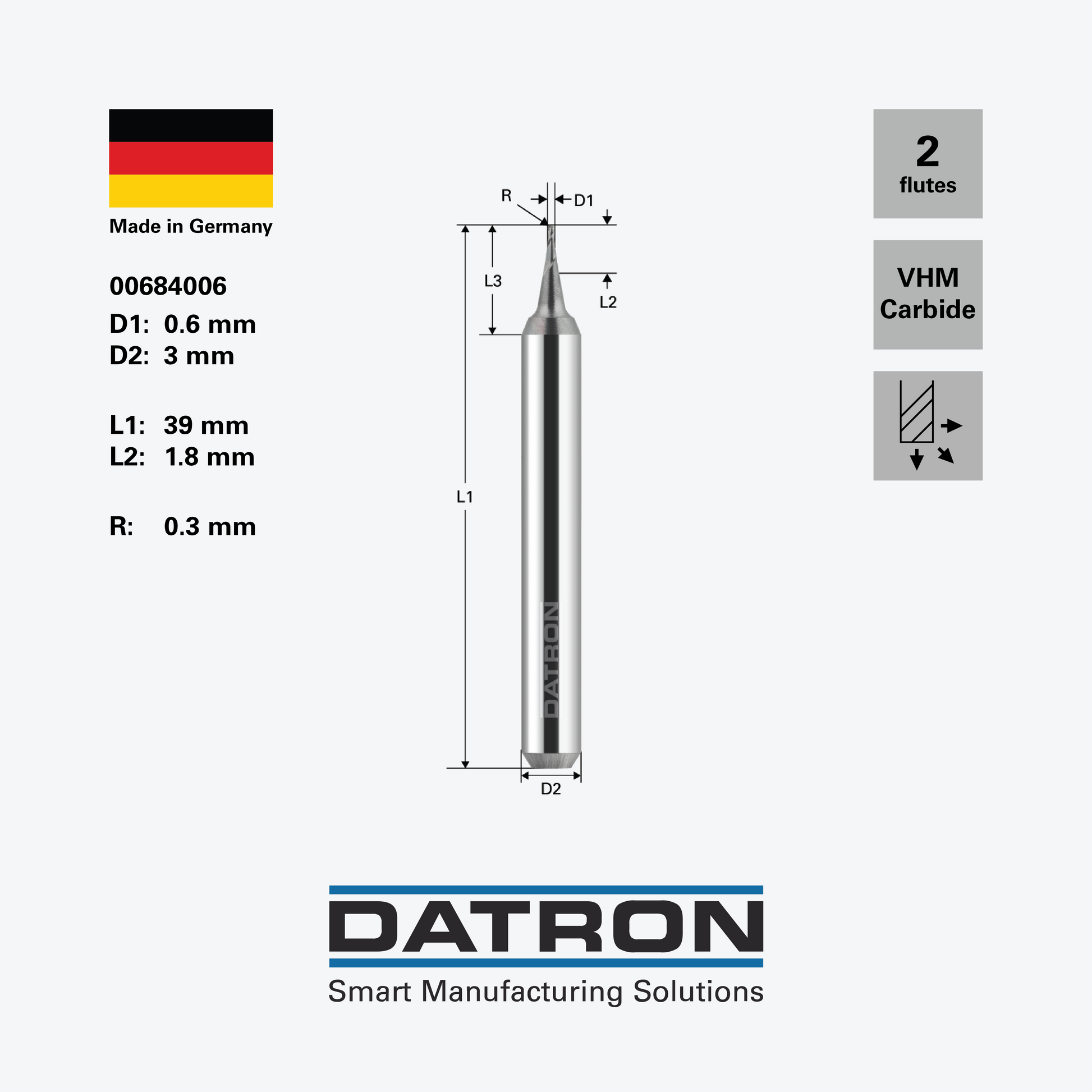 DATRON - Double flute ball nose end mill, for steels, ALCRONA coated - 00684006 - dimensions