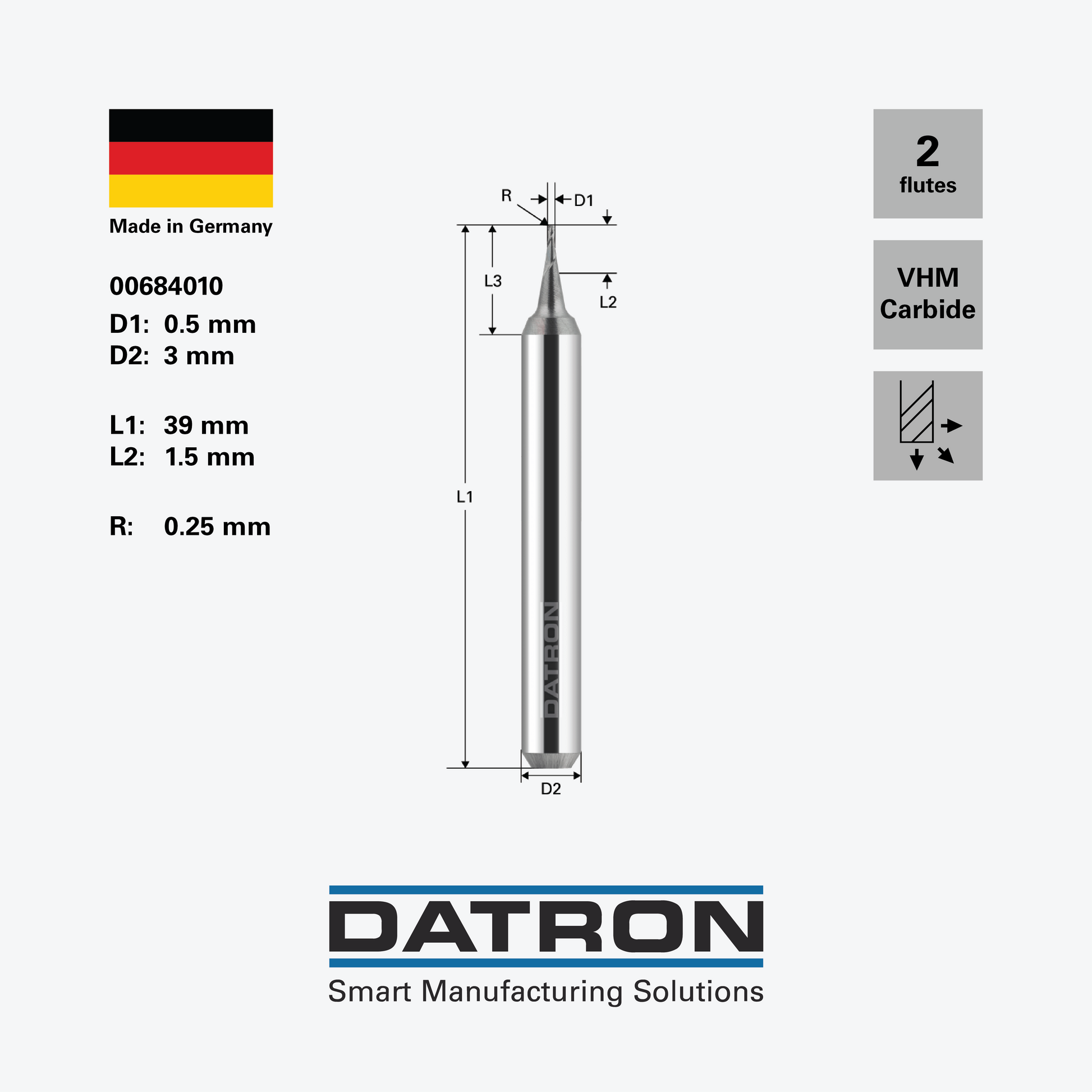 DATRON - Double flute ball nose end mill, for steels, ALCRONA coated - 00684010 - dimensions