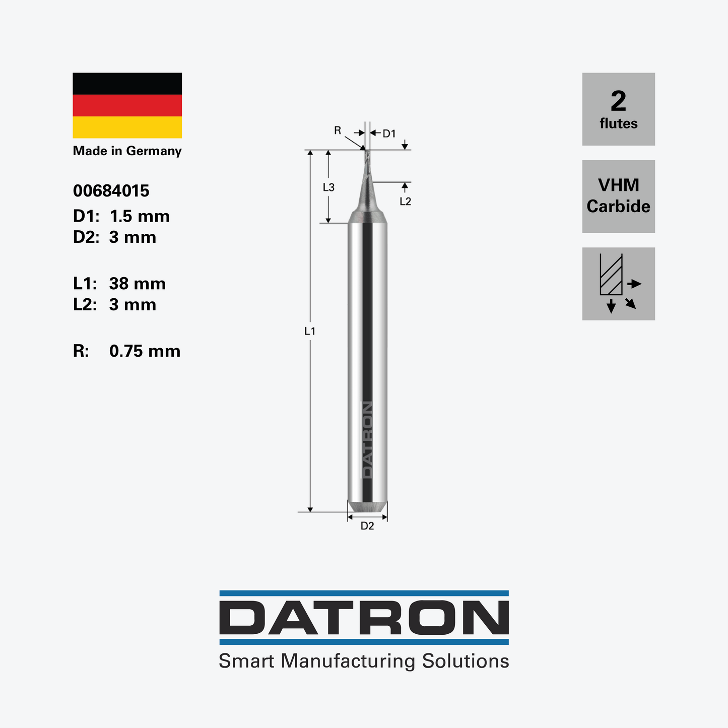 DATRON - Double flute ball nose end mill, for steels, ALCRONA coated - 00684015 - dimensions