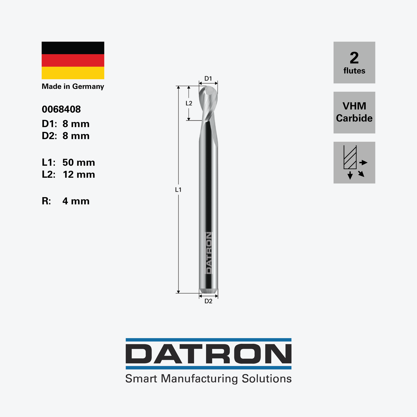 DATRON - Double flute ball nose end mill - 0068408 - dimensions
