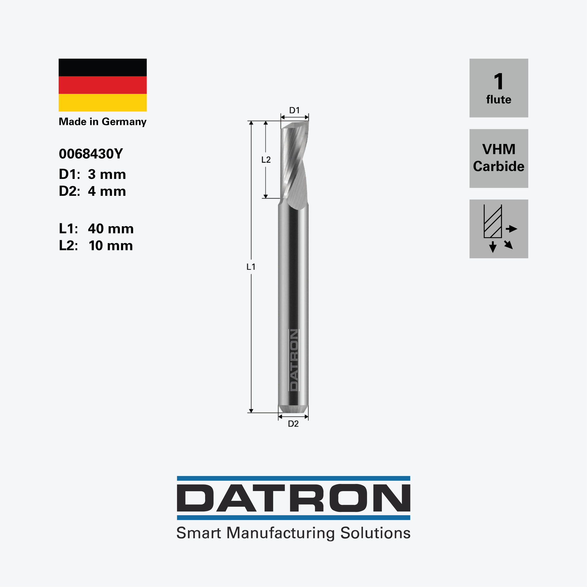 DATRON - Single flute end mill, standard - 0068430Y - dimensions