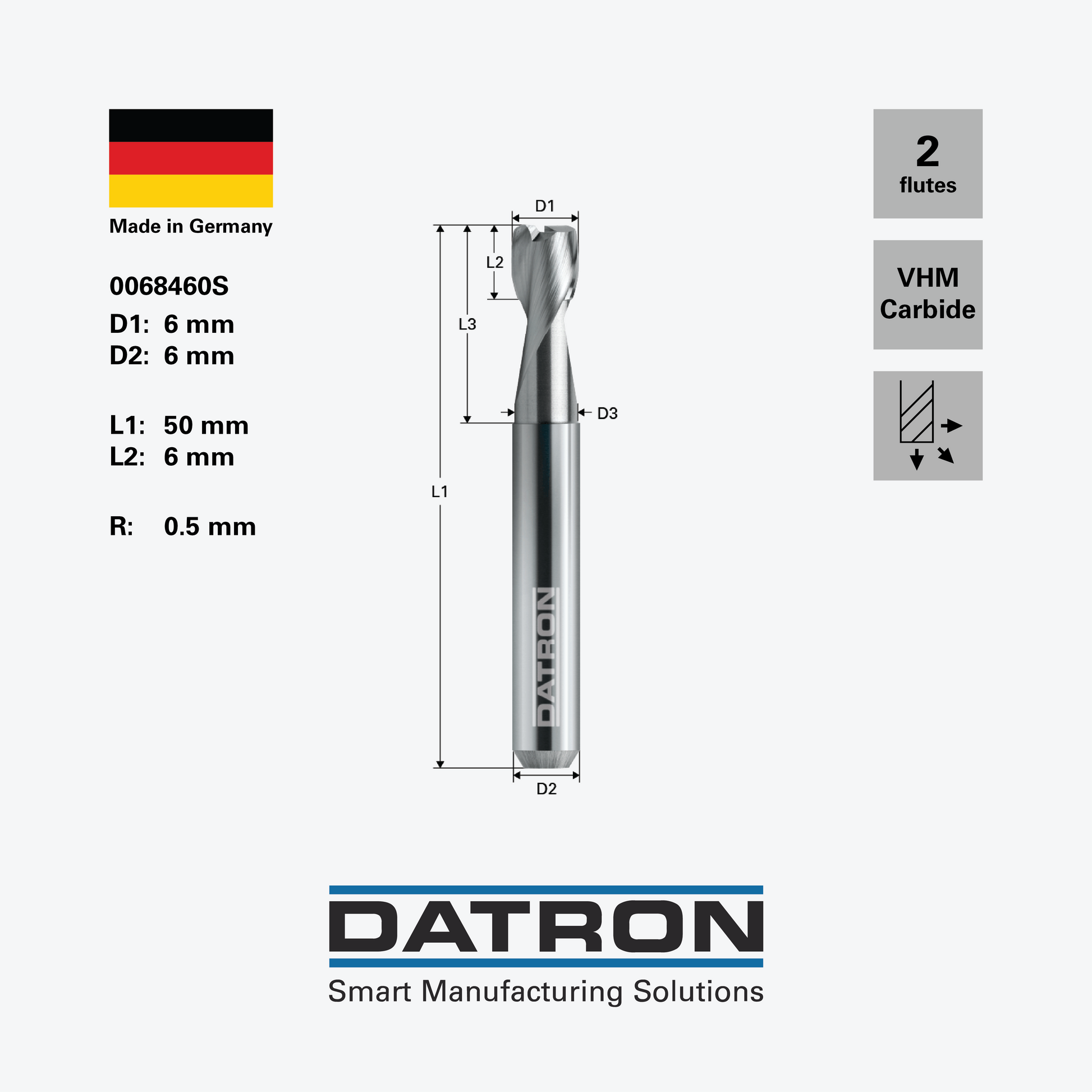 DATRON - High-feed double flute end mill, edge radius - 0068460S - dimensions