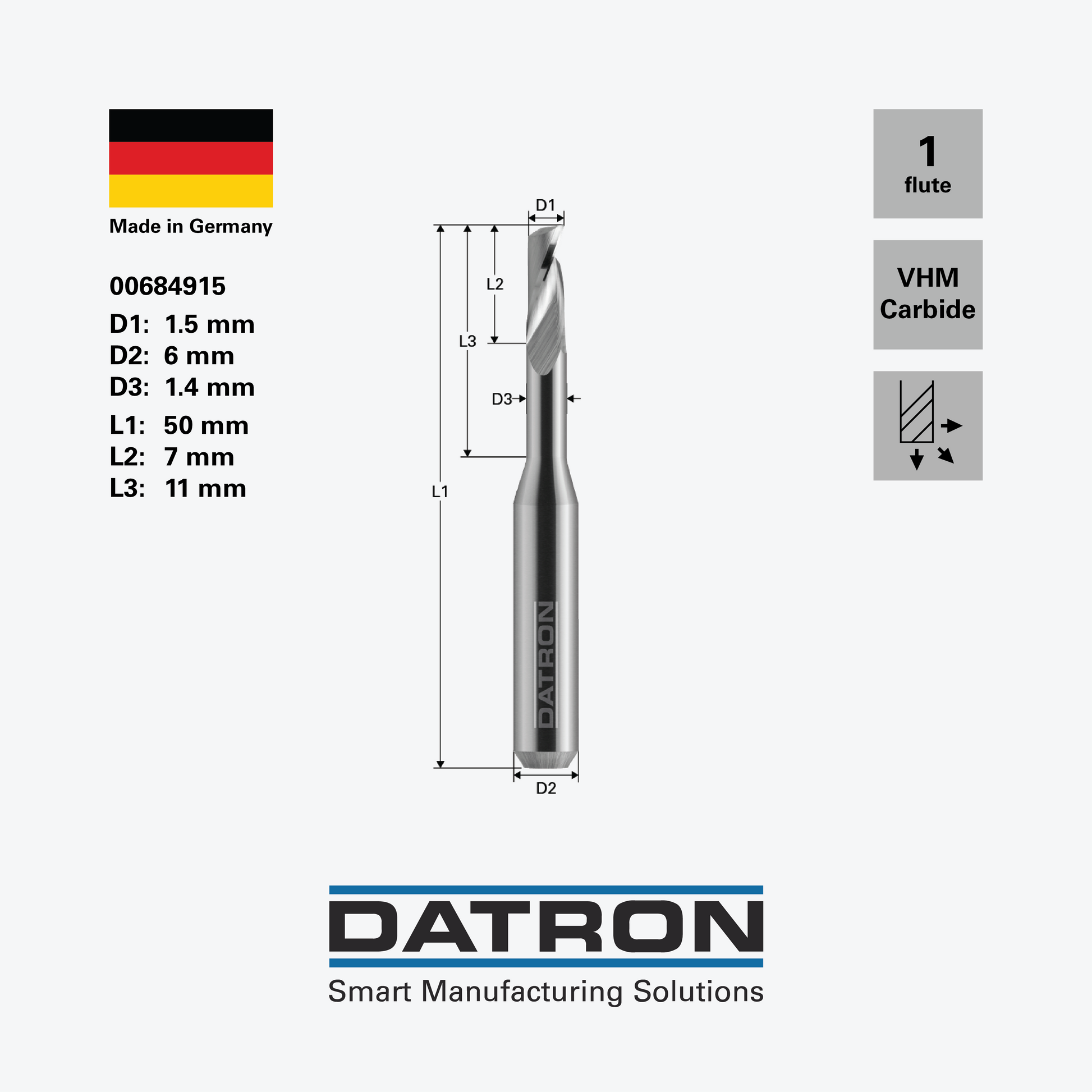 DATRON - Single flute end mill, standard, necked - 00684915 - dimensions