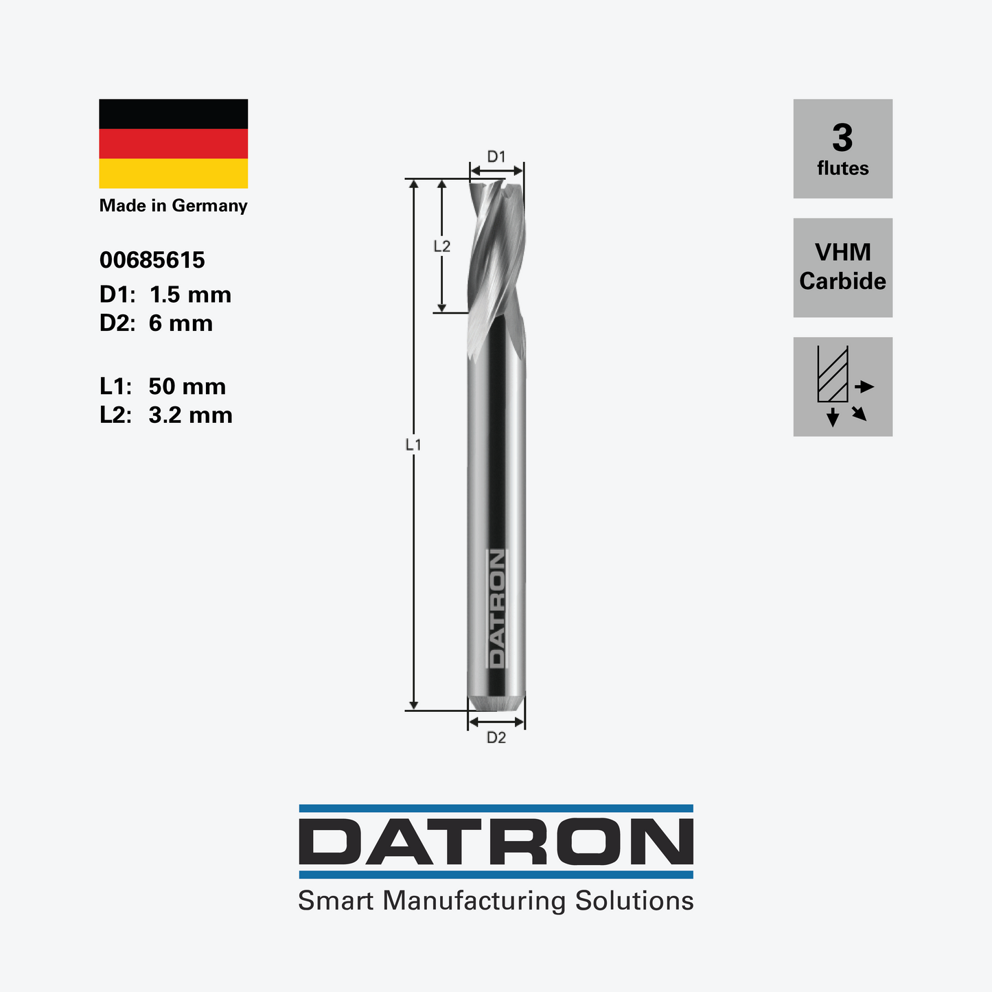 DATRON - Triple flute end mill, for copper, finishing - 00685615 - dimensions