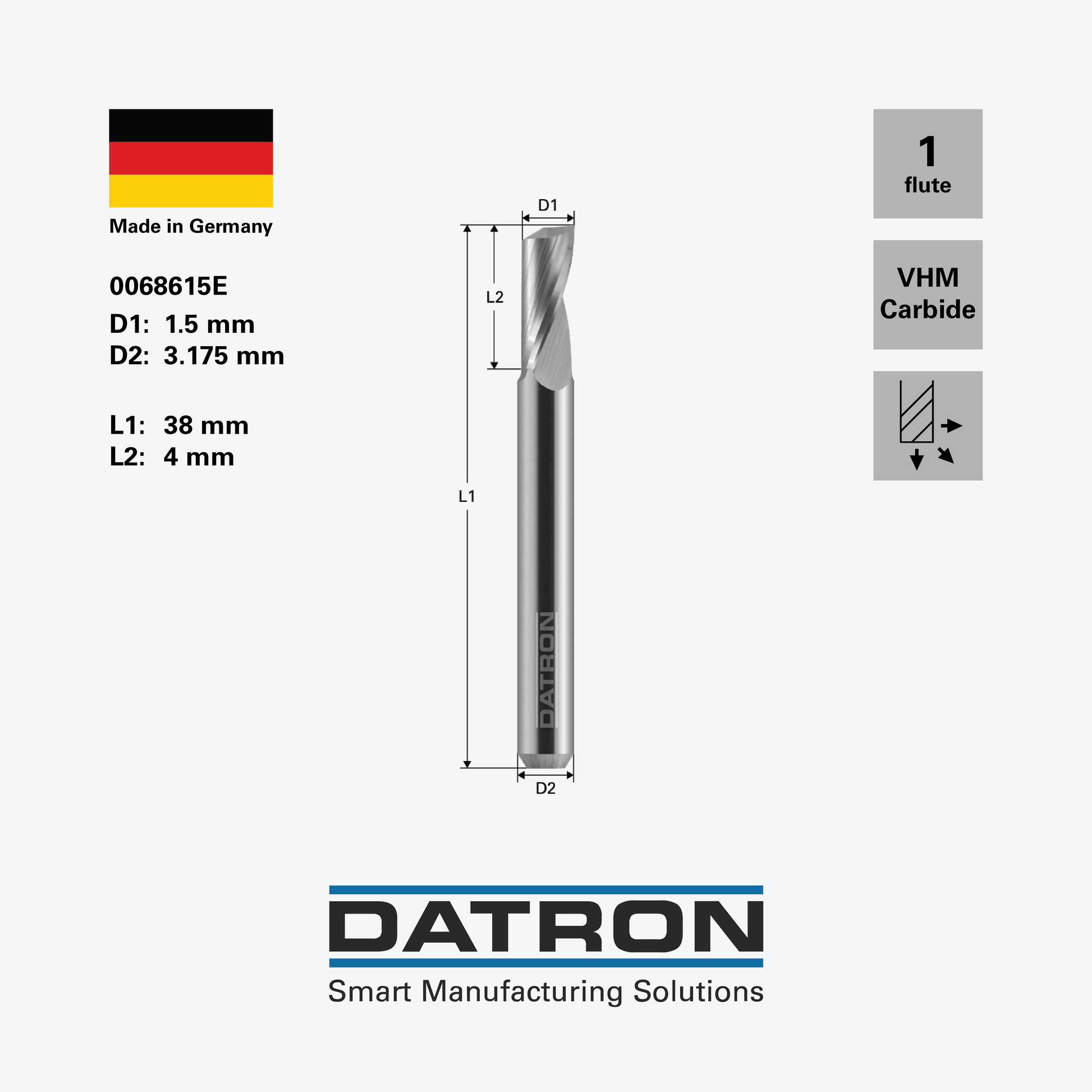 DATRON - Single flute end mill, standard - 0068615E - dimensions