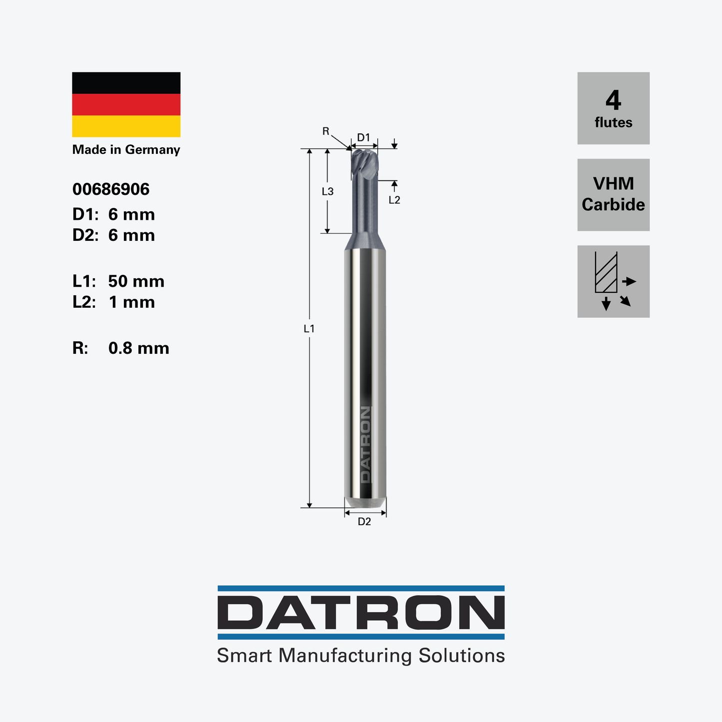 DATRON - High- feed four flute end mill, for steels, double edge radius, X.CEED coated - 00686906 - dimensions