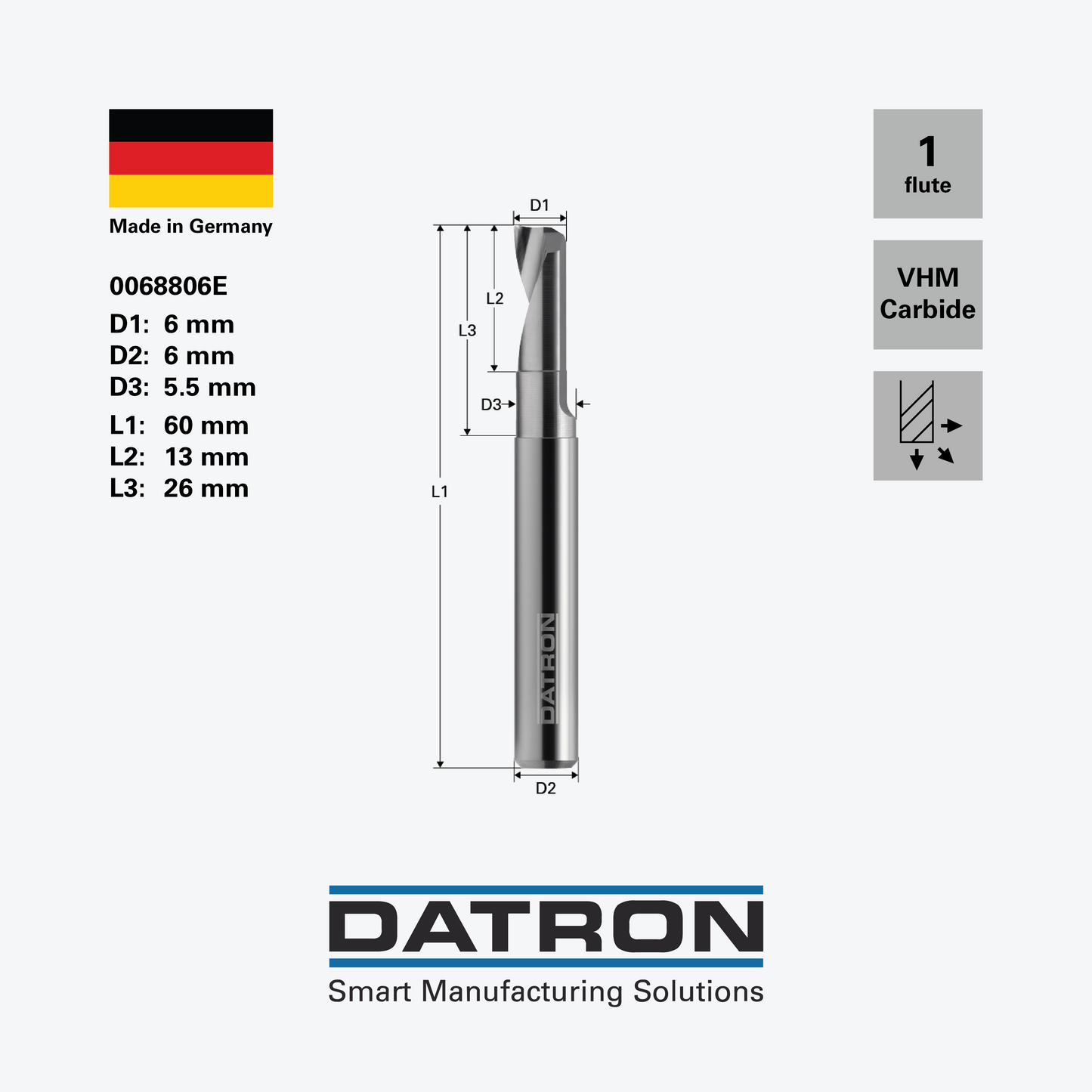 DATRON - Single flute end mill, 4-IN-1, balanced, faced, double polished - 0068806E - dimensions