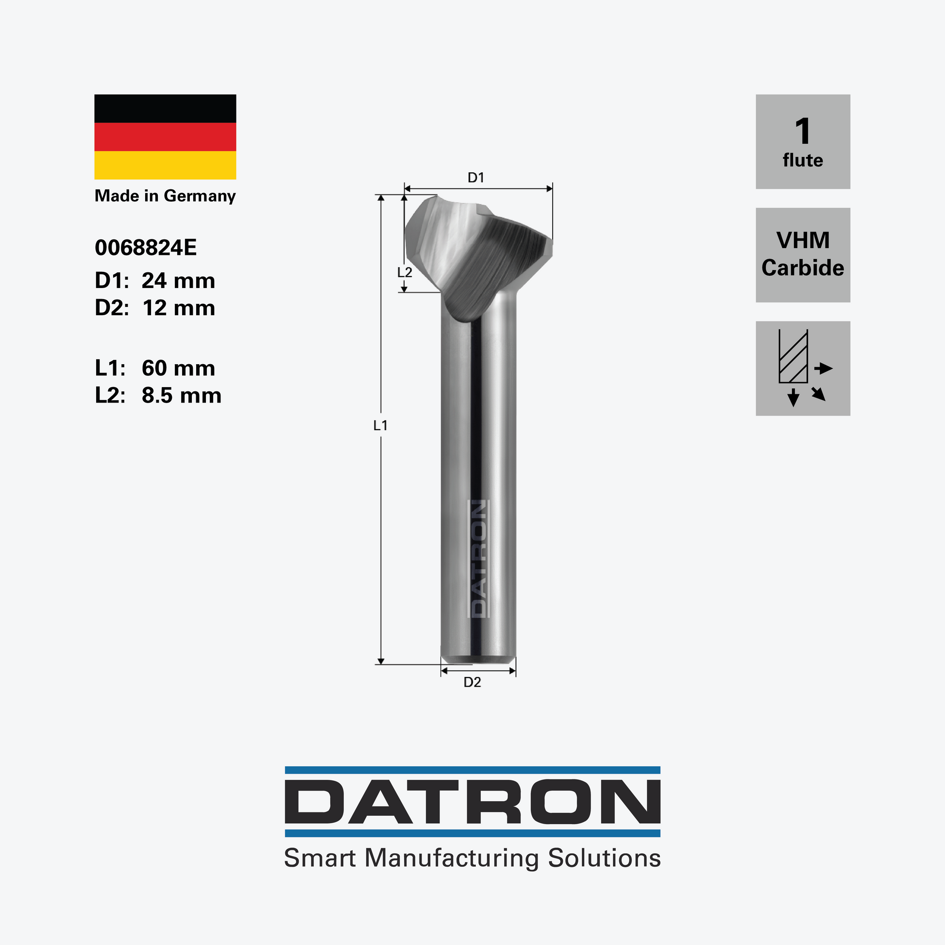 DATRON - Single flute face mill, stepped and balanced - 0068824E - dimensions