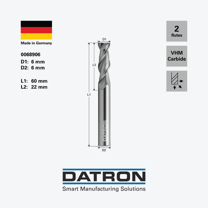 DATRON - Double flute end mill, with through coolant - 0068906 - dimensions