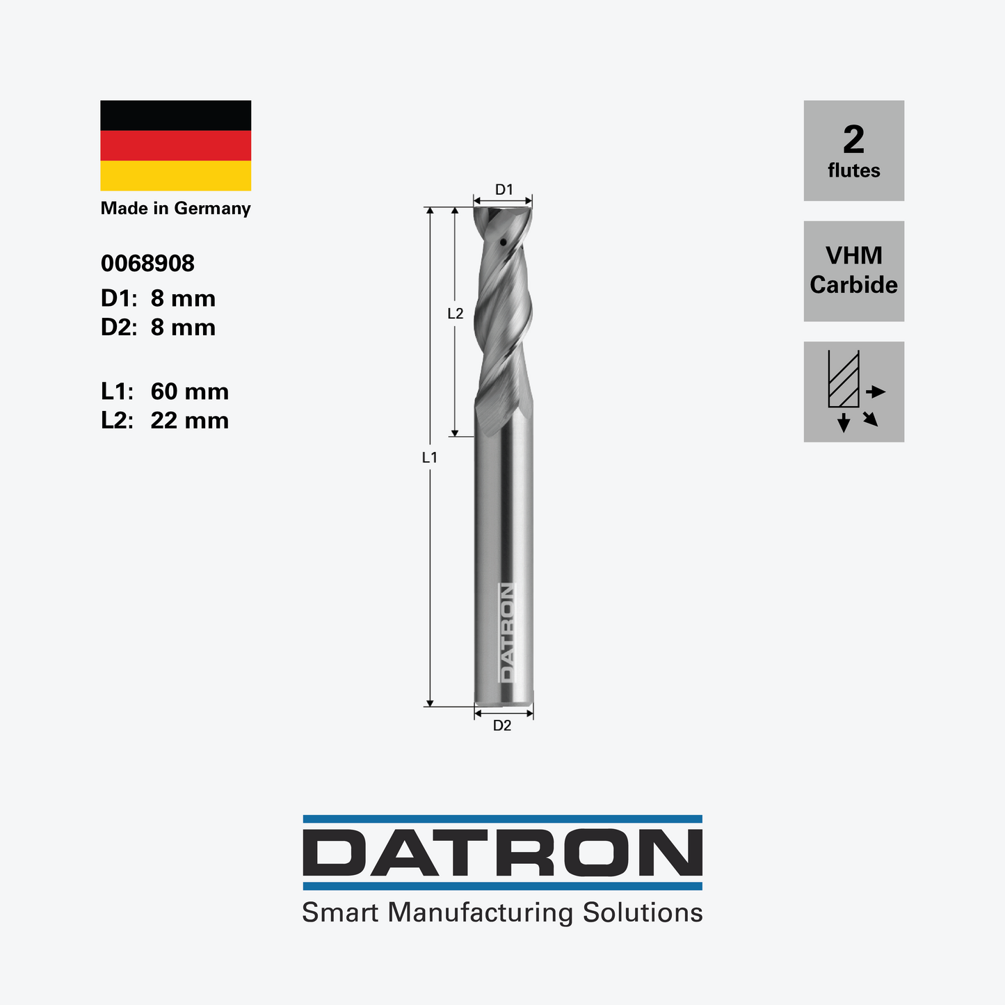 DATRON - Double flute end mill, with through coolant - 0068908 - dimensions