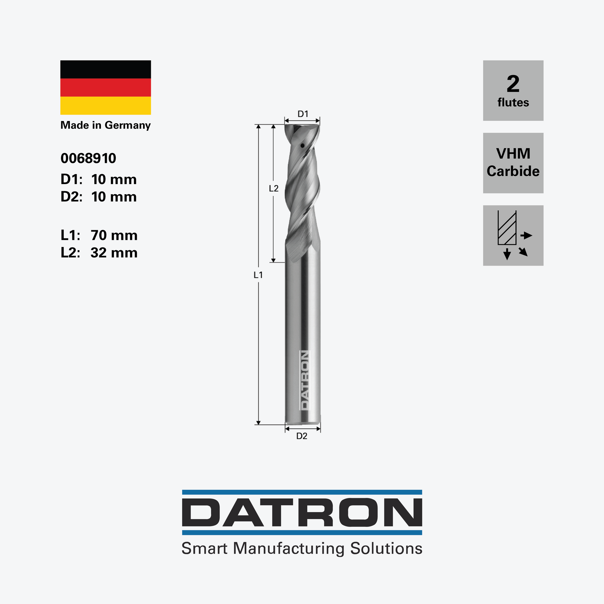 DATRON - Double flute end mill, with through coolant - 0068910 - dimensions
