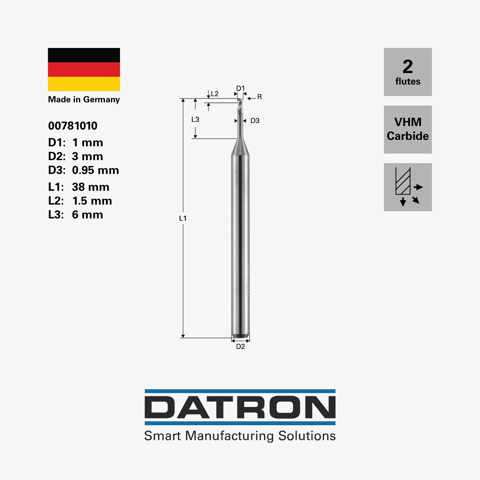 DATRON - Double flute end mill, standard, necked - 00781010 - dimensions