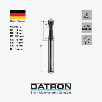 DATRON - High- feed double flute end mill, edge radius, ALCRONA coated - 00781070 - dimensions