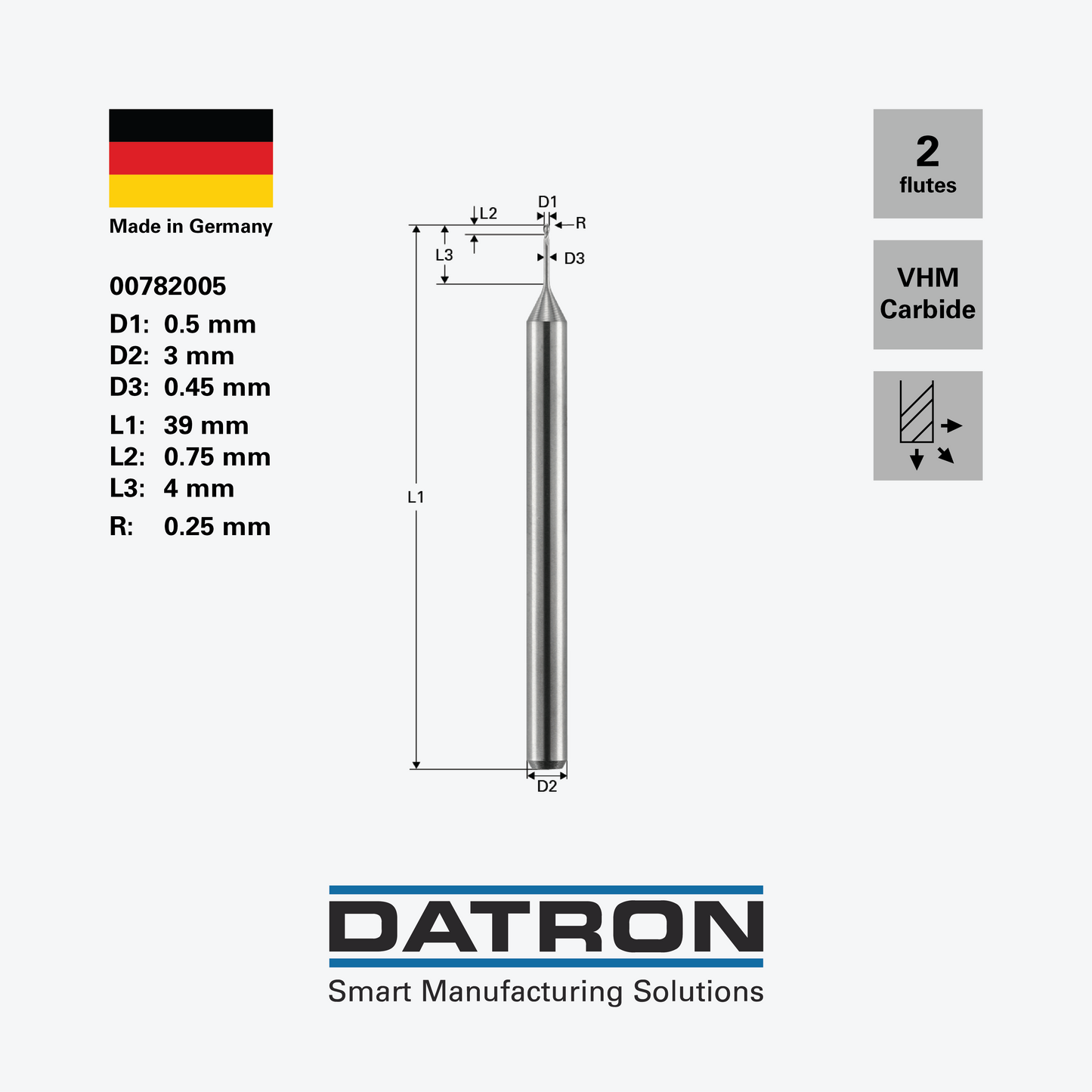 DATRON - Double flute ball nose end mill, necked - 00782005 - dimensions