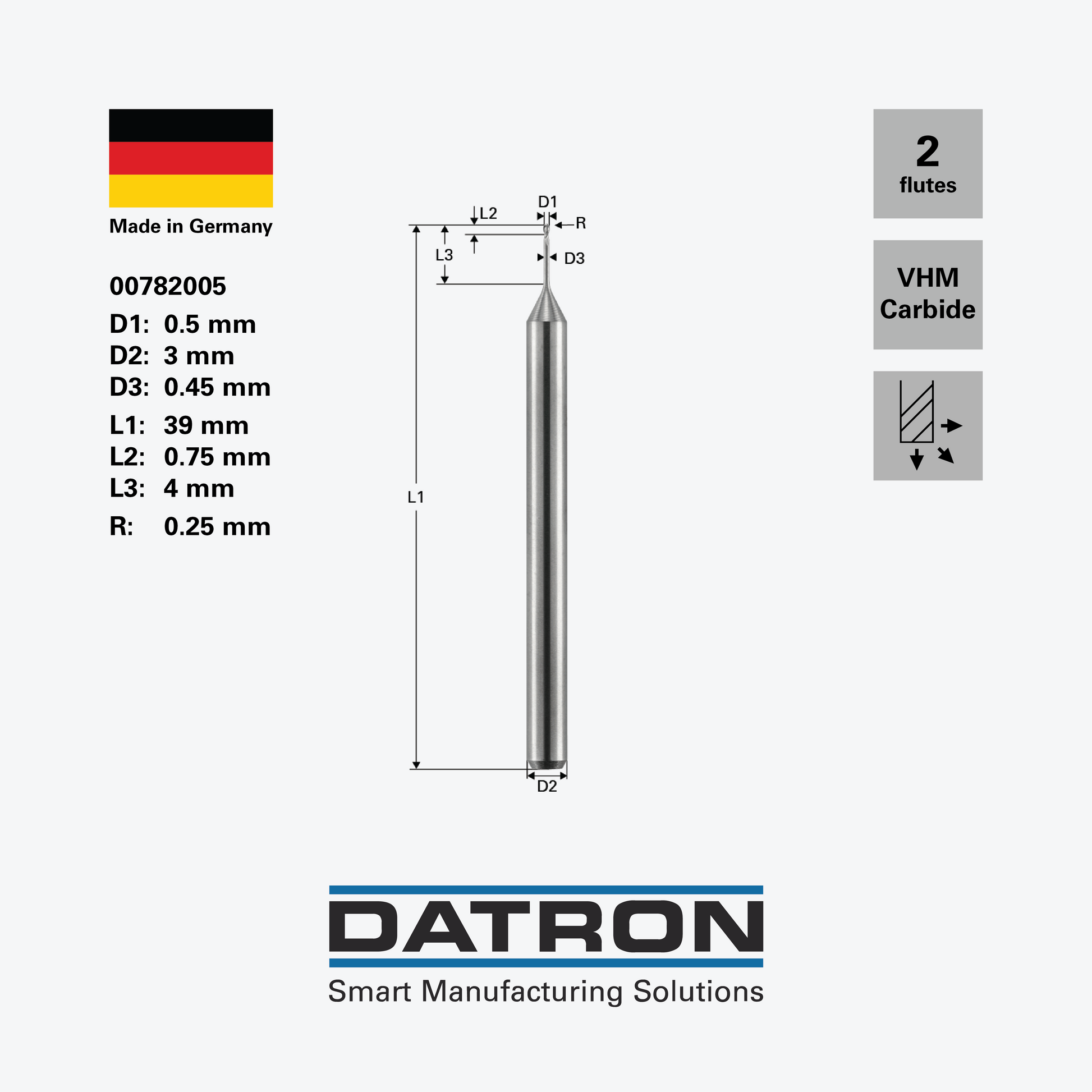 DATRON - Double flute ball nose end mill, necked - 00782005 - dimensions
