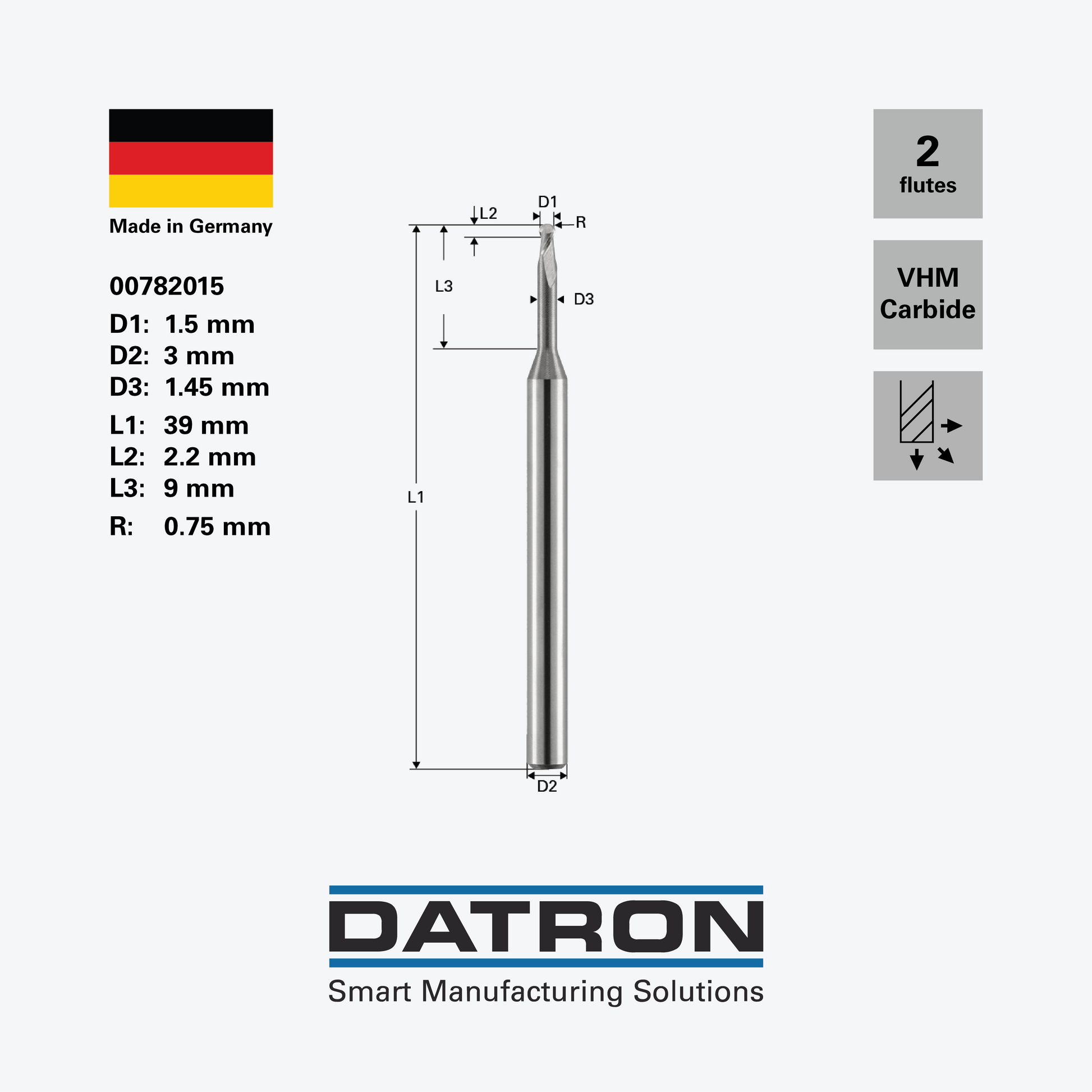 DATRON - Double flute ball nose end mill, necked - 00782015 - dimensions
