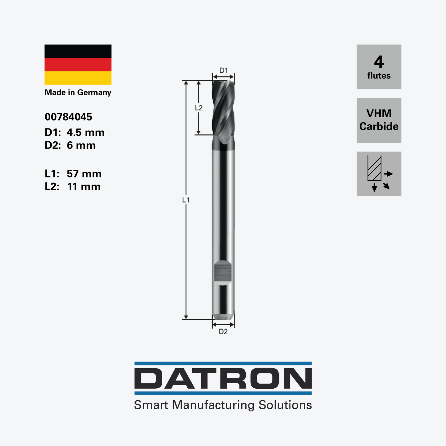 DATRON - Four flute end mill, for steels, with DIN Form HB flat, ALCRONA coated  - 00784045 - dimensions