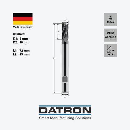 DATRON - Four flute end mill, for steels, with DIN Form HB flat, ALCRONA coated  - 0078409 - dimensions