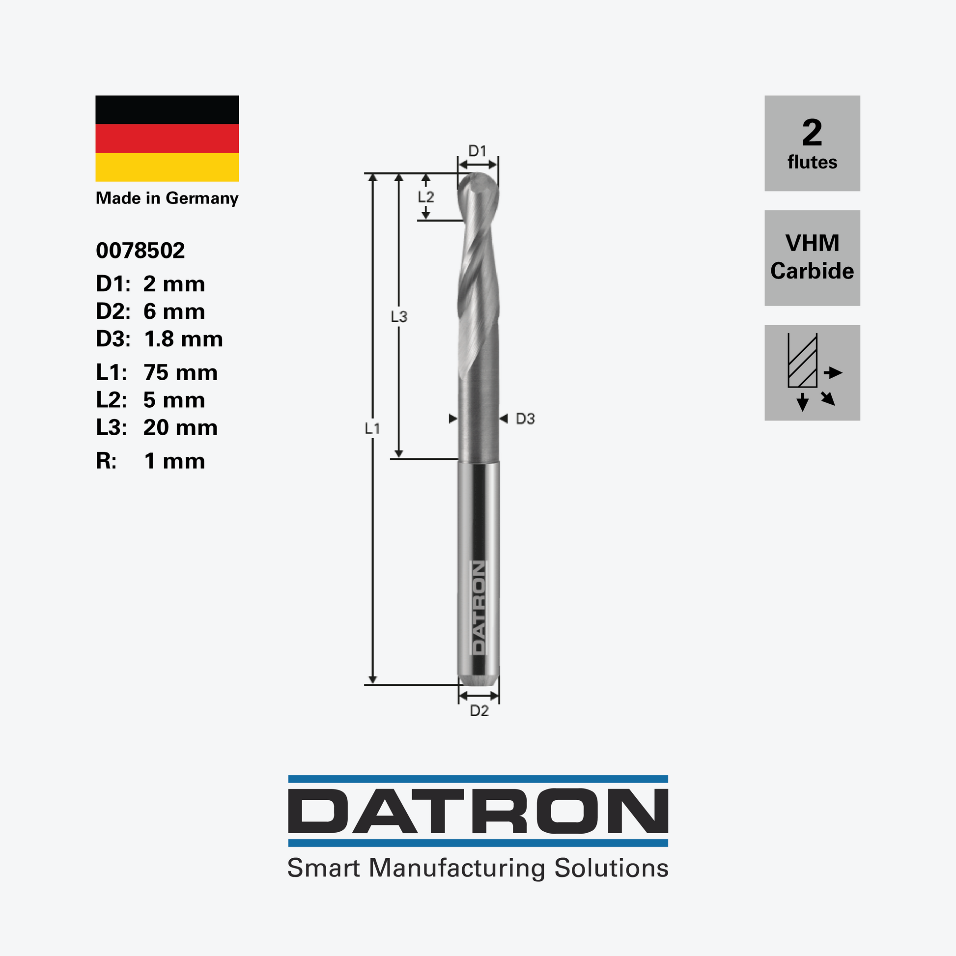 DATRON - Double flute ball nose end mill, necked - 0078502 - dimensions