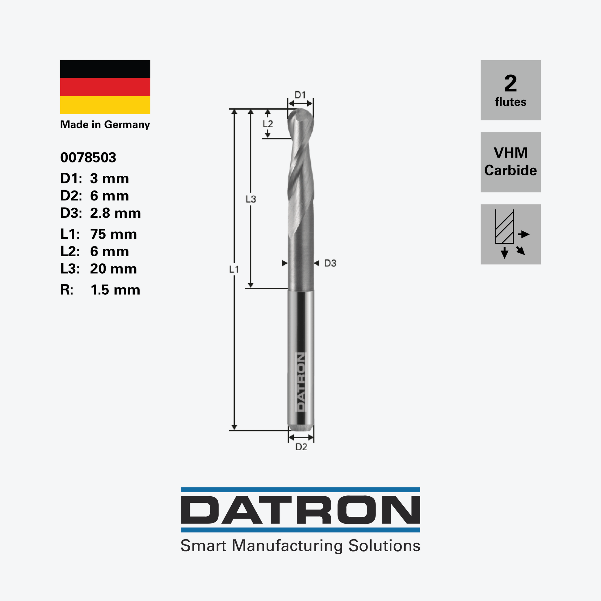 DATRON - Double flute ball nose end mill, necked - 0078503 - dimensions