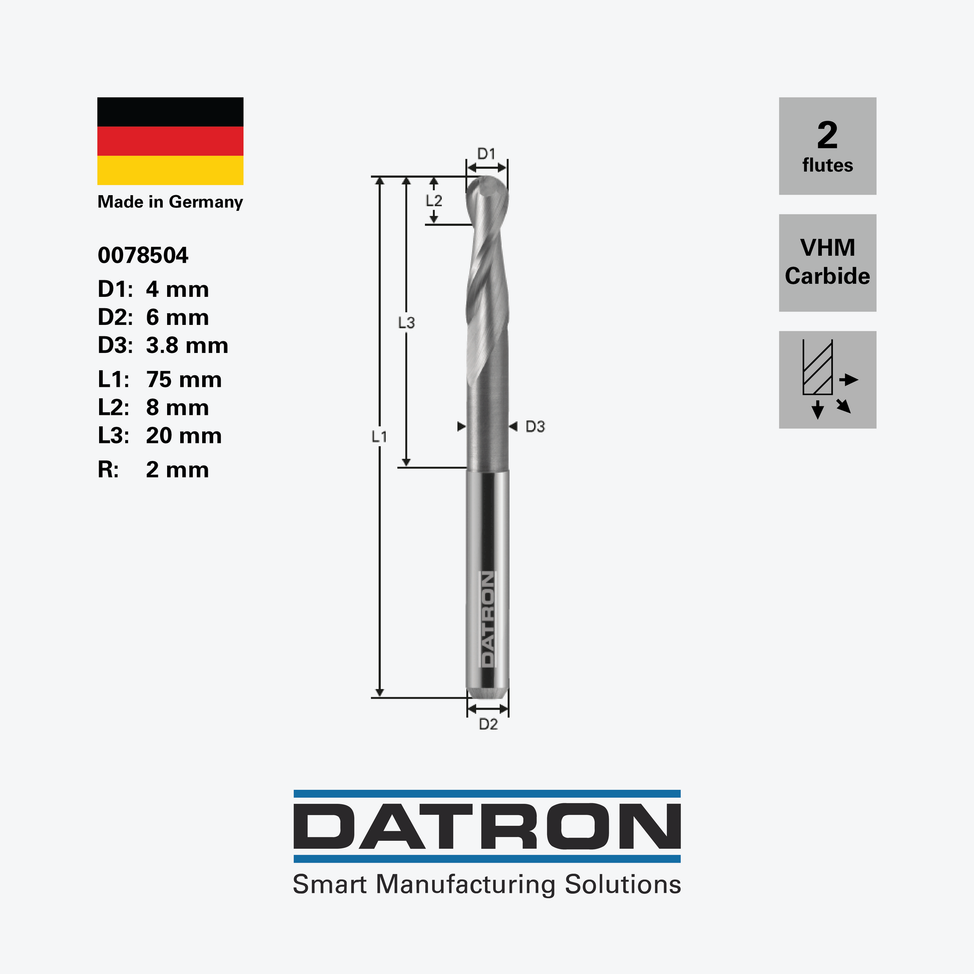 DATRON - Double flute ball nose end mill, necked - 0078504 - dimensions
