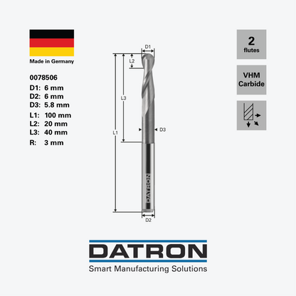 DATRON - Double flute ball nose end mill, necked - 0078506 - dimensions