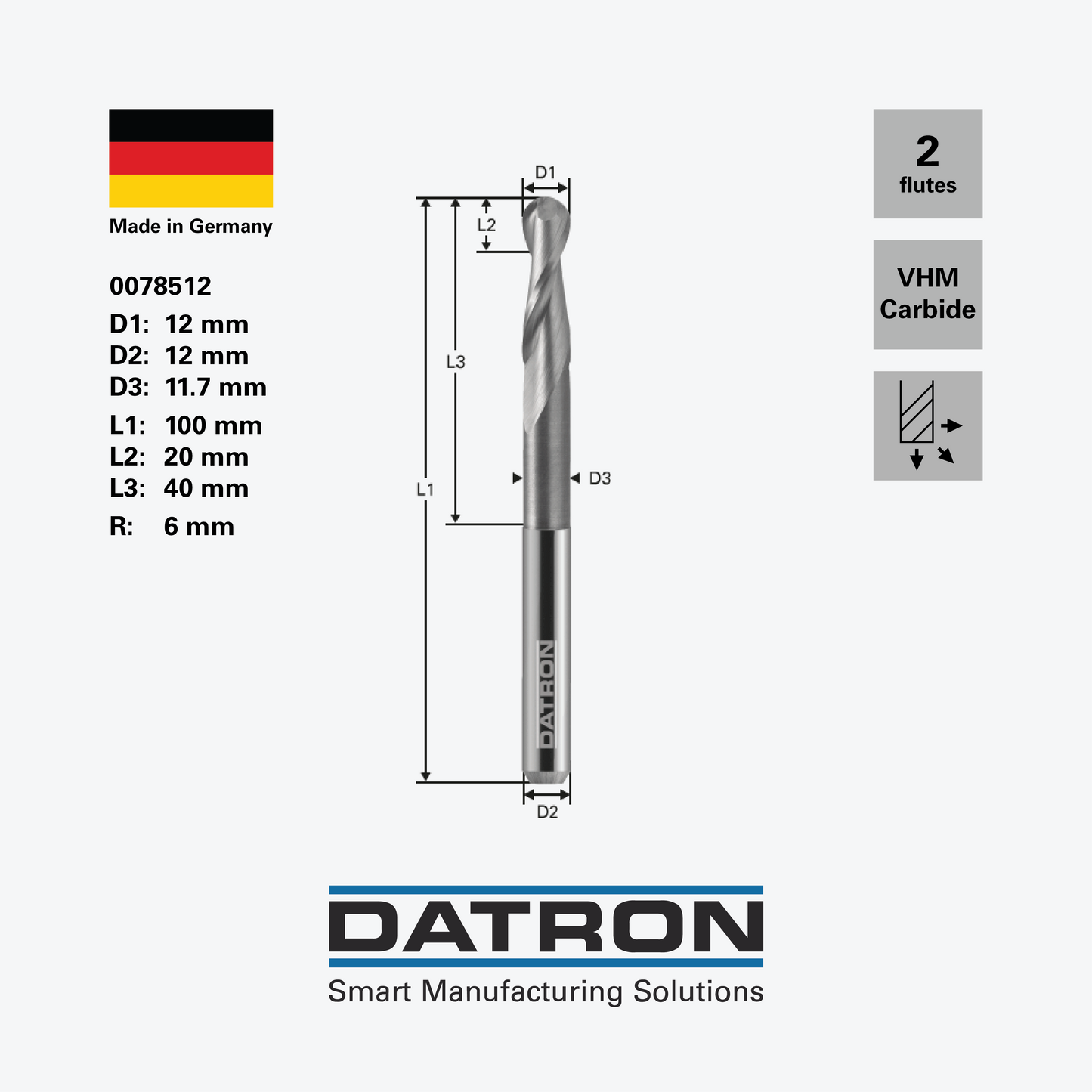 DATRON - Double flute ball nose end mill, necked - 0078512 - dimensions