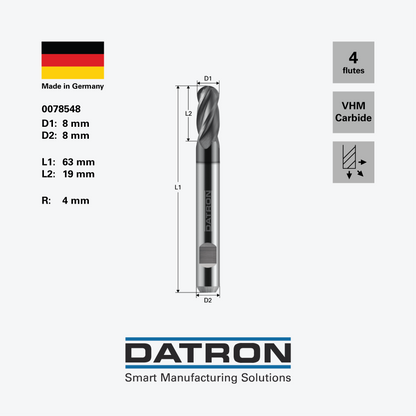 DATRON - Four flute ball nose end mill, for steels, with DIN Form HB flat, ALCRONA coated - 0078548 - dimensions