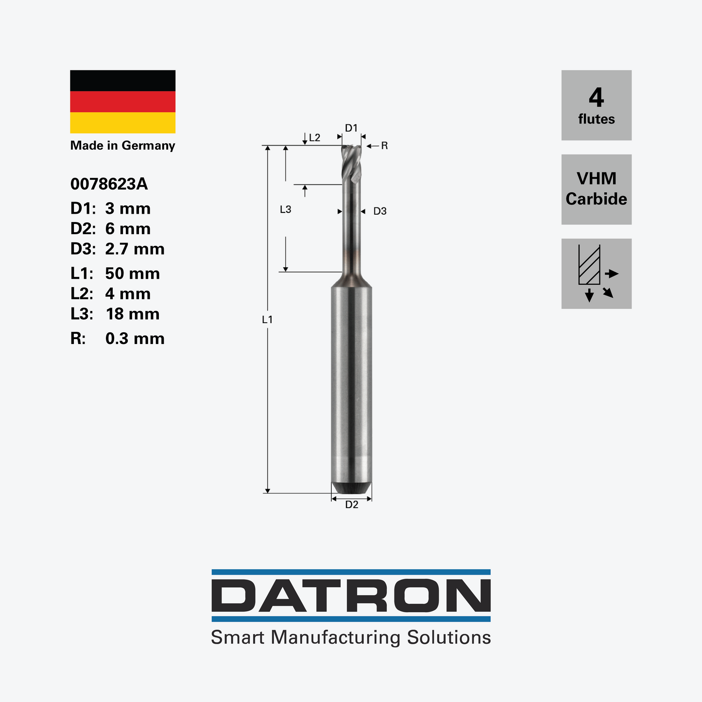 DATRON - High- feed four flute end mill, for steels, edge radius, X.CEED coated  - 0078623A - dimensions