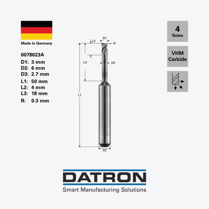 DATRON - High- feed four flute end mill, for steels, edge radius, X.CEED coated  - 0078623A - dimensions