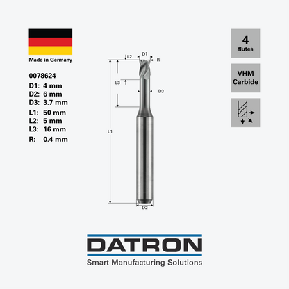 DATRON - High- feed four flute end mill, for steels, edge radius, X.CEED coated  - 0078624 - dimensions
